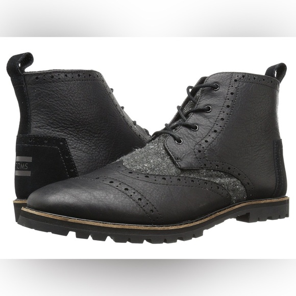 TOMS Men's Black Leather Wingtip Lace Up Brogue Boots with Vibram Soles - Picture 1 of 11